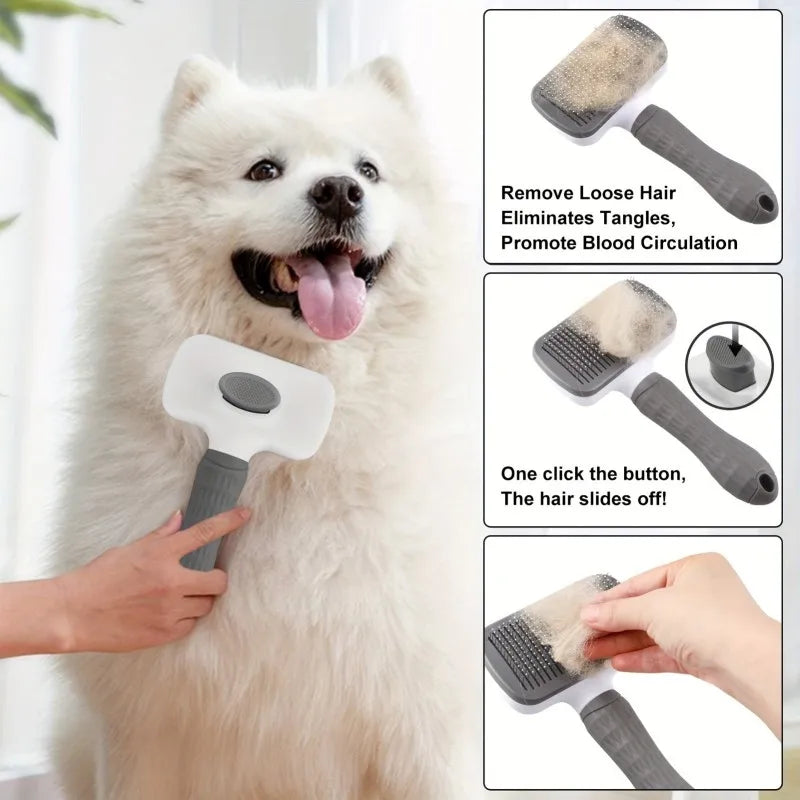 Pet Grooming Brush with One-Click Hair Removal – Bent Needle Massage Comb for Dogs & Cats