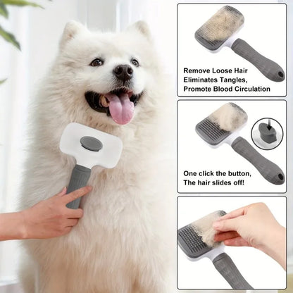 Pet Grooming Brush with One-Click Hair Removal – Bent Needle Massage Comb for Dogs & Cats