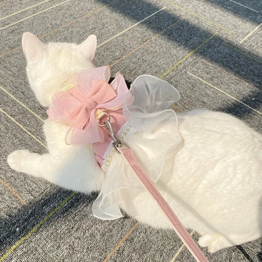 Princess Style Cat Harness & Leash – Breathable Adjustable Nylon Vest with Bowknot, Cute Pet Chest Strap for Walks & Photoshoots.