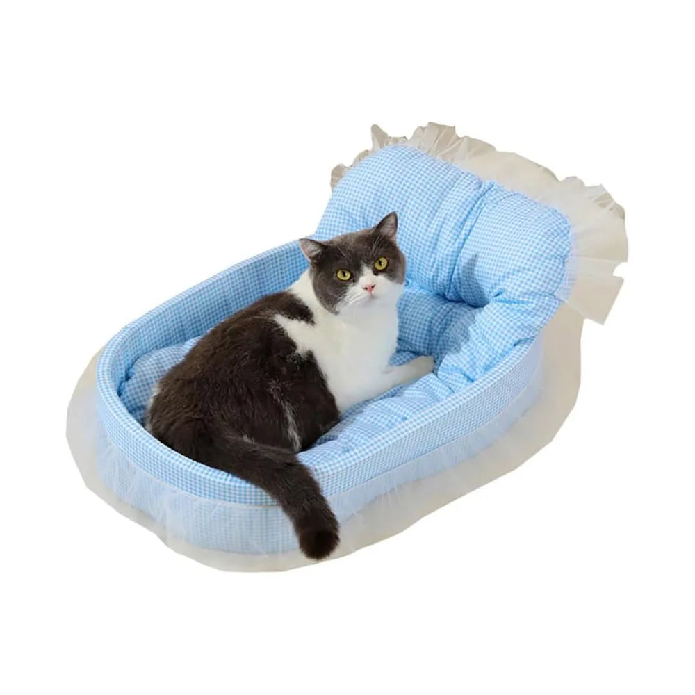 Cute Lace-Trimmed Pet Sofa Bed – Washable Removable Plush Oval Cushion for Cats & Small Dogs, Four-Season Princess-Style Sleeping Bed.