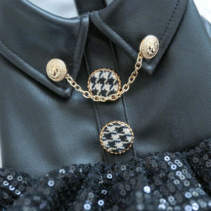 Luxury Black PU Dog Coat Dress – Warm Winter Leather Outfit with Sequins & Tulle Skirt for Small Dogs.