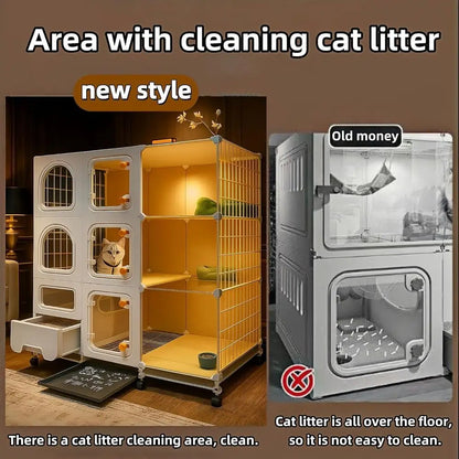 Large Indoor Cat Cage – Multi-Level Cat Enclosure with Litter Box, Bed, Bowl & Cleaning Set, Rolling Cat House with Wheels for Indoor Cats