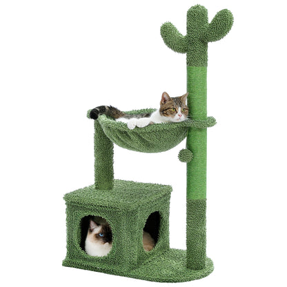 Cactus Cat Tree with Large Condo & Hammock – Small Indoor Cat Tower with Scratching Posts, Dangling Ball Toy & Fun Cat Activity Center.