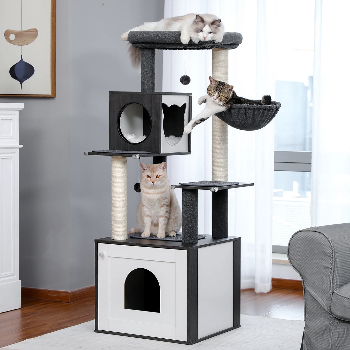 Multi-Level Wooden Cat Tree – Indoor Cat Tower with Scratching Posts, Condo, Hammock & Top Perch, Spacious Cat Scratcher & Play Center.