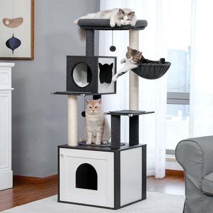 Multi-Level Wooden Cat Tree – Indoor Cat Tower with Scratching Posts, Condo, Hammock & Top Perch, Spacious Cat Scratcher & Play Center.