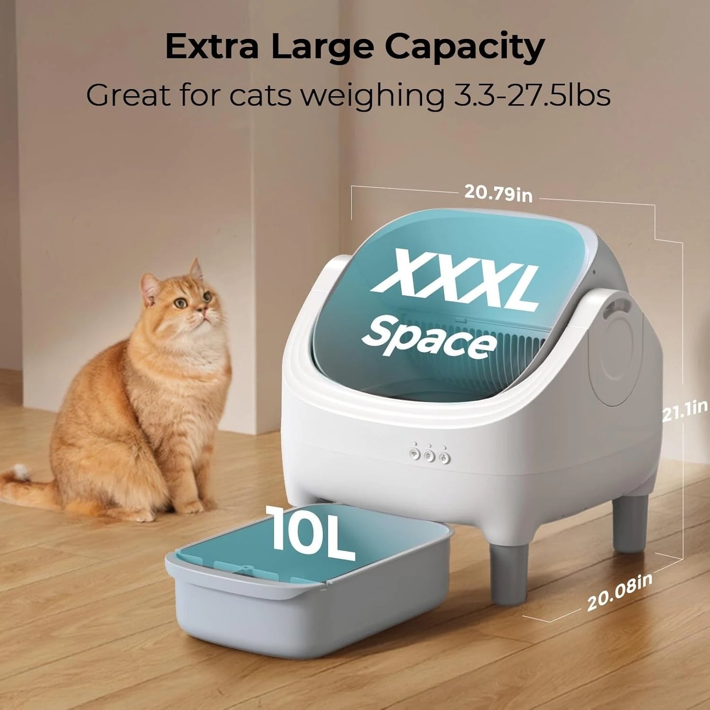 Automatic Self-Cleaning Cat Litter Box – App-Controlled Open-Top Design with Safety Sensors and Customizable Features.