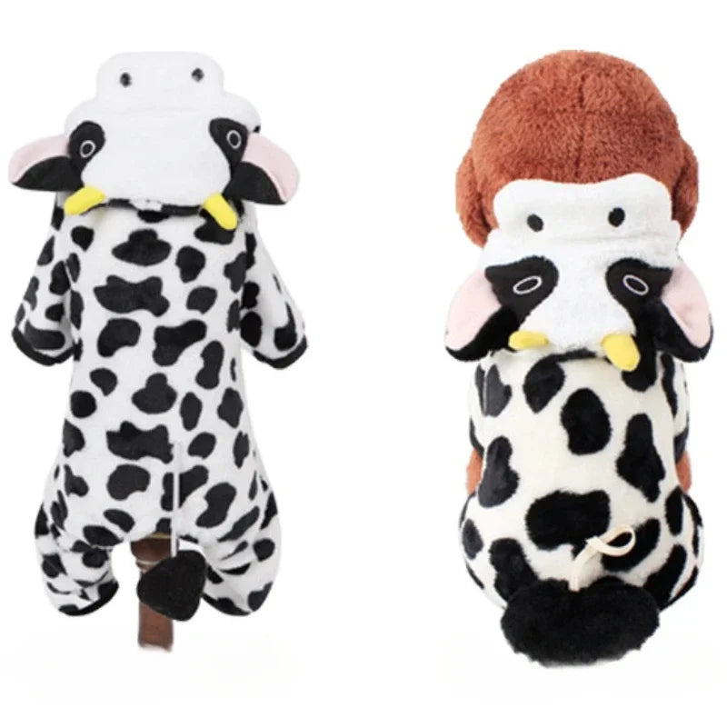 Autumn & Winter Coral Velvet Dog Outfit – Thick Warm Dinosaur or Cow Costume for Small Dogs & Puppies