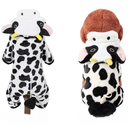Autumn & Winter Coral Velvet Dog Outfit – Thick Warm Dinosaur or Cow Costume for Small Dogs & Puppies