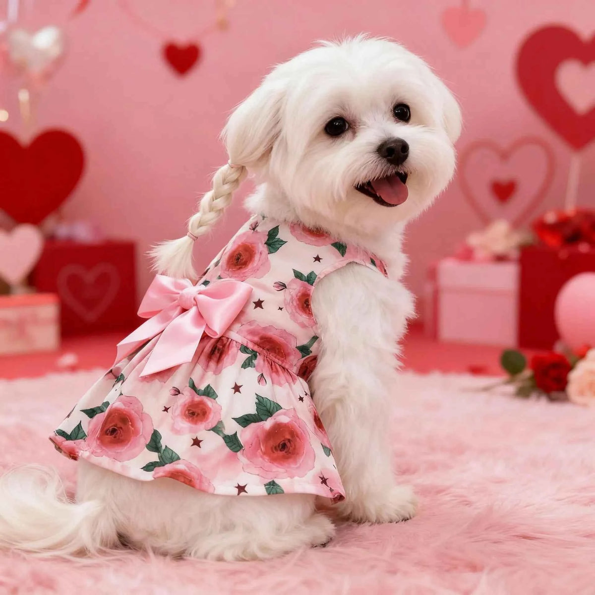 Rose Bow Pet Dress – Cute Love Balloon Print Holiday Outfit for Dogs & Cats, Lightweight Valentine’s Day Party Dress Clothing.