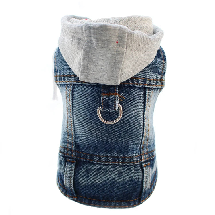Cool Denim Dog Jacket Vest – Hoodie Style with D-Ring Harness for Small & Medium Dogs & Cats, Spring Walking Coat for Puppies.
