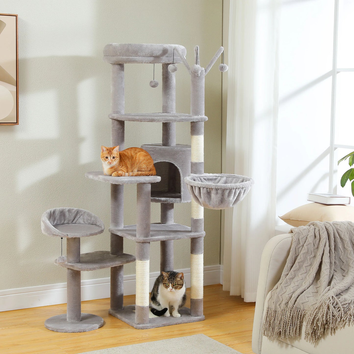 Multi-Level Cat Tree Tower – Tall Indoor Cat Condo with Scratching Posts, Hammock, Large Perches & Hanging Ball Toys for Cats.