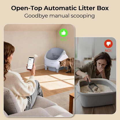 Automatic Self-Cleaning Cat Litter Box – App-Controlled Open-Top Design with Safety Sensors and Customizable Features.