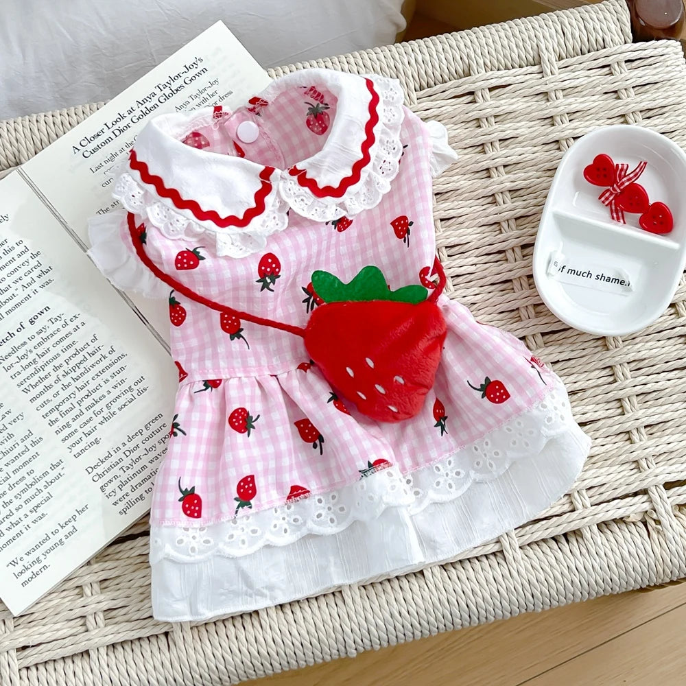 Strawberry Plaid Pet Dress – Cute Summer & Spring Outfit for Female Dogs, Puppies & Cats, Lightweight Clothing for Small & Medium Pets.