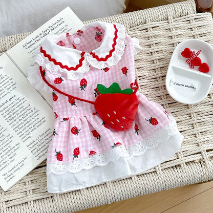 Strawberry Plaid Pet Dress – Cute Summer & Spring Outfit for Female Dogs, Puppies & Cats, Lightweight Clothing for Small & Medium Pets.