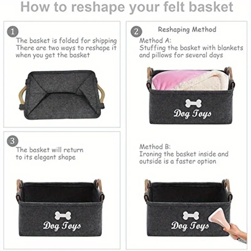 1PC Felt Pet Toy Storage Box – Durable Dog Toy Organizer Basket for Toys, Blankets, Leashes & Pet Food