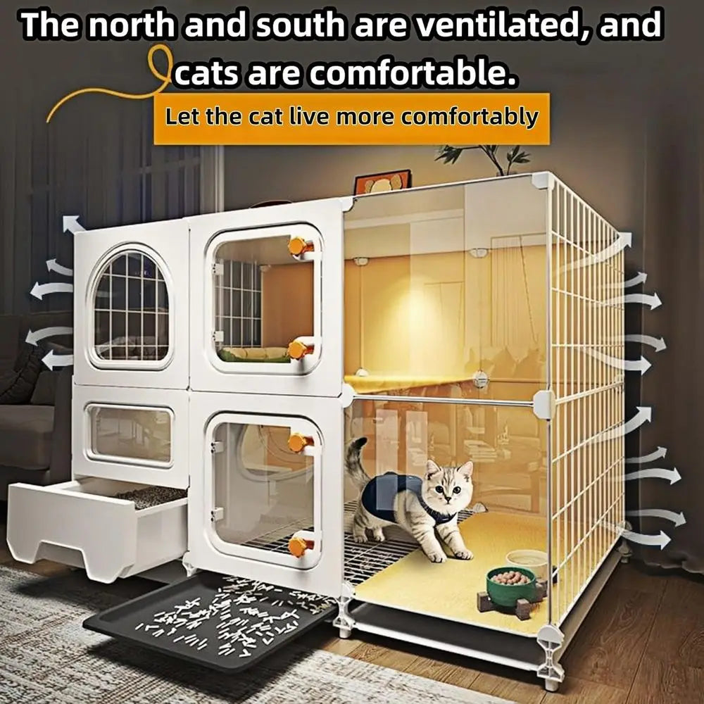 Large Indoor Cat Cage – Multi-Level Cat Enclosure with Litter Box, Bed, Bowl & Cleaning Set, Rolling Cat House with Wheels for Indoor Cats