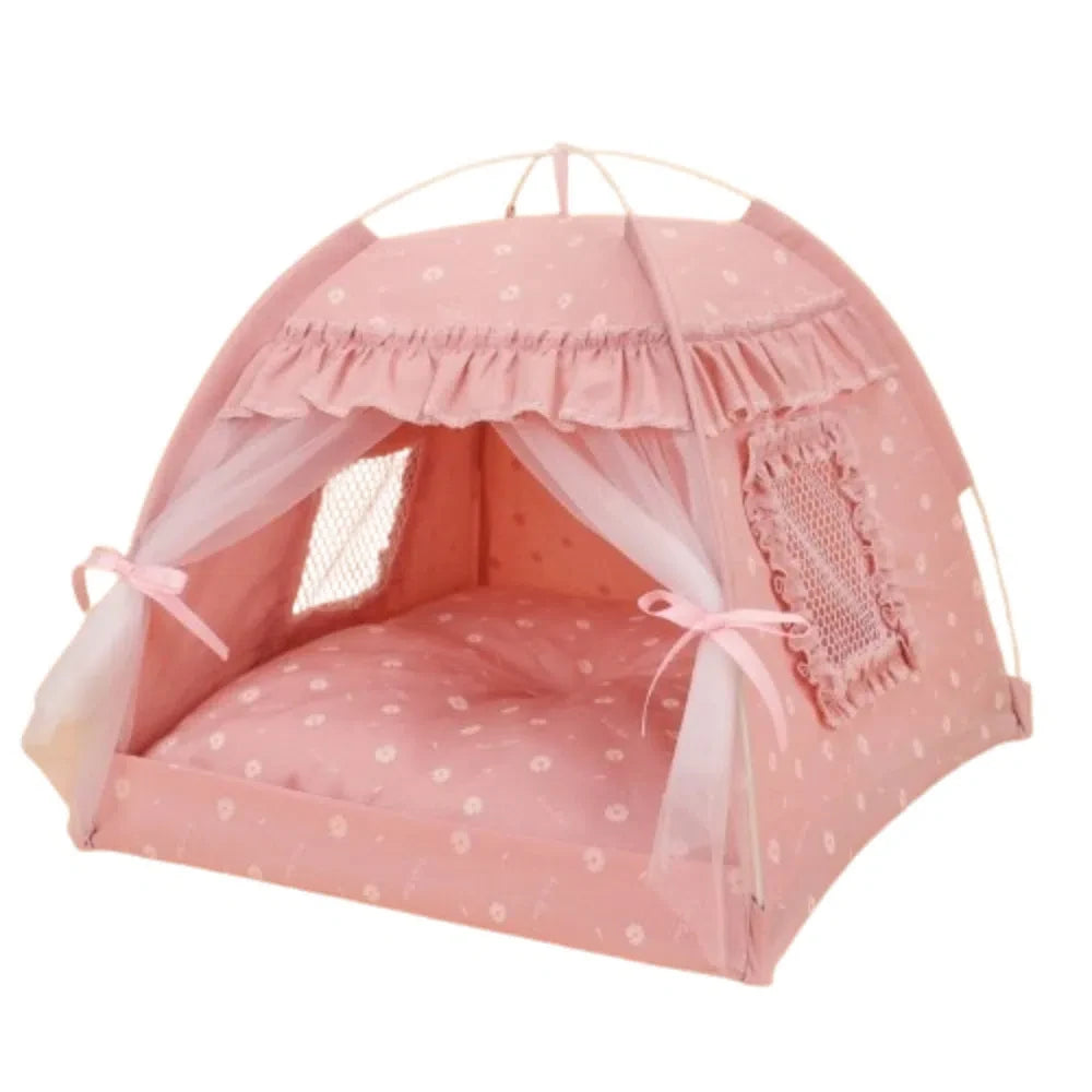 Foldable Princess Pet Tent Bed with Floral Print and Removable Cushion for Cats and Small Dogs.