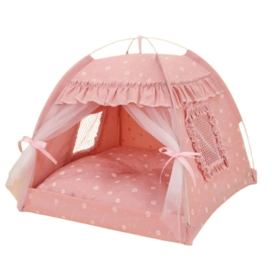 Foldable Princess Pet Tent Bed with Floral Print and Removable Cushion for Cats and Small Dogs.