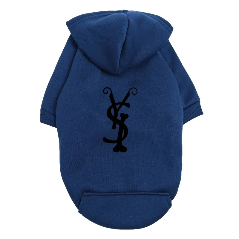 Trendy Puppy Hoodie – Blue Fleece Dog Sweatshirt with Fashion Logo, Warm Winter Outfit for Small & Medium Dogs.