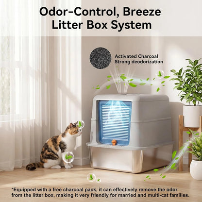 Extra Large Stainless Steel Cat Litter Box – Enclosed Odor-Control Metal Litter Box with Lid & 135° Flip-Top Covered Design.