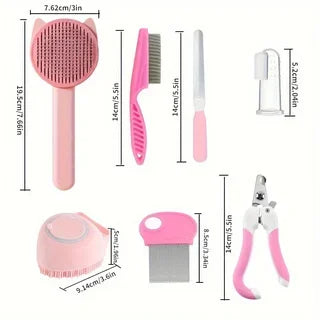 8-Piece Cat Grooming Kit – Self-Cleaning Brush Set with Nail Clippers, Files, Flea Comb & Bath Brush for Shedding Control & Pet Care.
