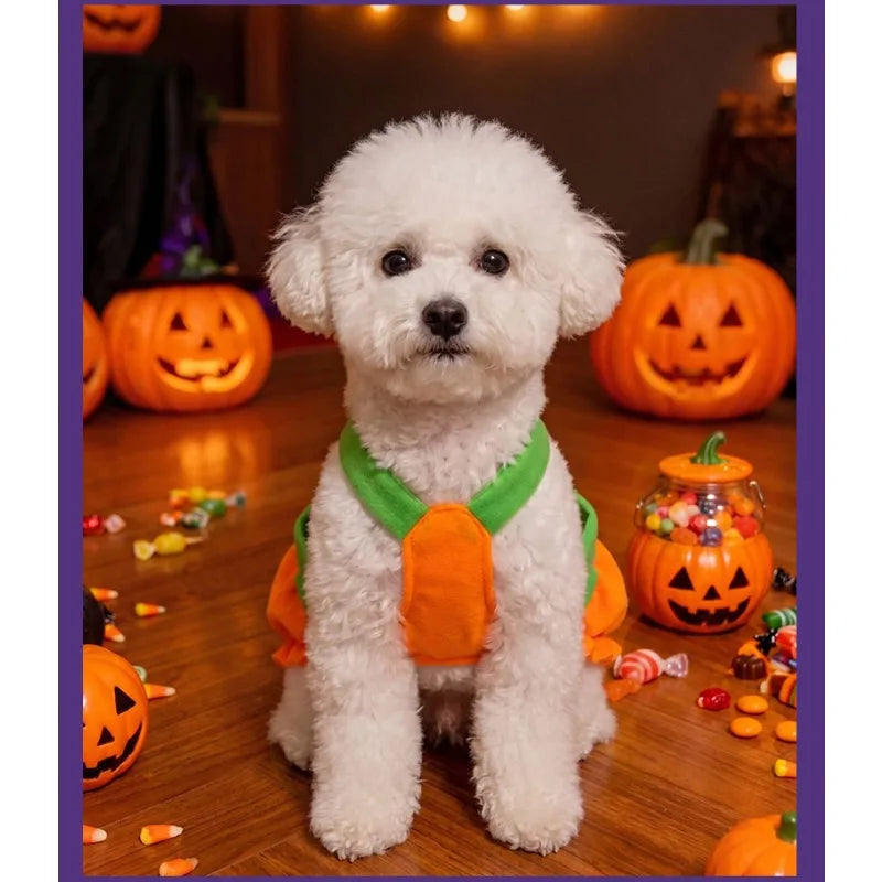Adjustable Halloween Pumpkin Overall Costume – Washable Trick-or-Treat Outfit for Small Dogs & Cats.