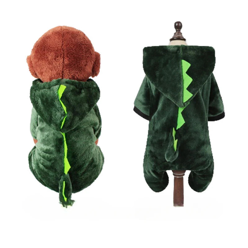 Autumn & Winter Coral Velvet Dog Outfit – Thick Warm Dinosaur or Cow Costume for Small Dogs & Puppies