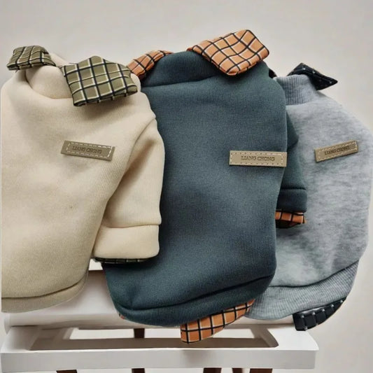 Pet Dog Winter Hoodie Jacket – Warm Plaid Patchwork Shirt Coat with Bear Hoodie for Small Dogs & Puppies.