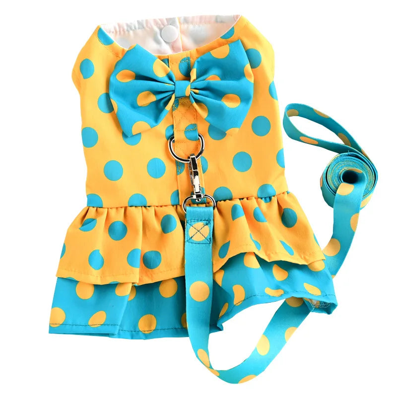 Small Dog Harness Dress & Leash Set – Luxury Polka Dot Puppy Dress with Bowknot for Chihuahuas, Blue & Yellow Summer Pet Outfit.
