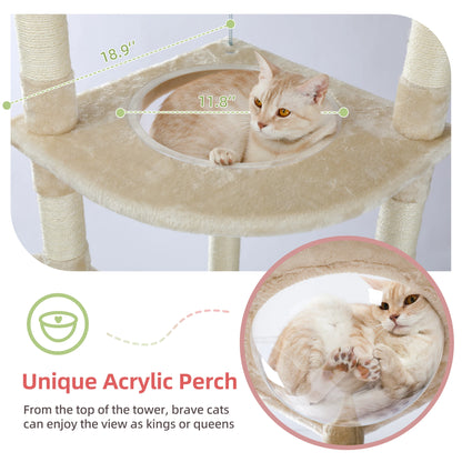Adjustable Floor-to-Ceiling Cat Tree Tower (236–258cm) – Indoor Cat Condo with Natural Scratching Posts, Acrylic Perch, Hammock Beds & Cozy Cave.