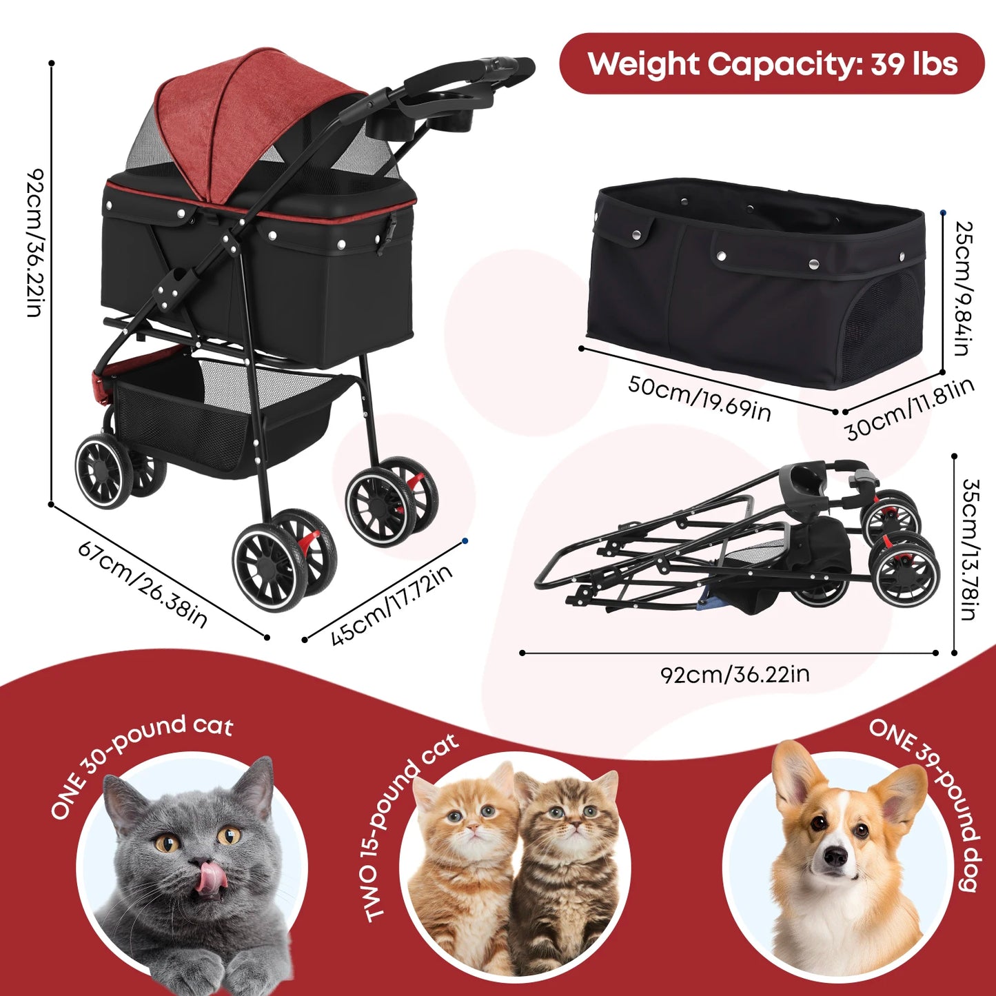 3-Wheel Pet Stroller – Foldable Travel Carrier with Breathable Mesh Canopy for Small & Medium Dogs & Cats, Ideal for Outdoor Travel.