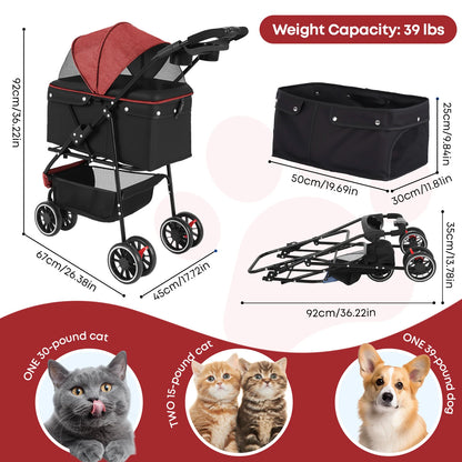 3-Wheel Pet Stroller – Foldable Travel Carrier with Breathable Mesh Canopy for Small & Medium Dogs & Cats, Ideal for Outdoor Travel.