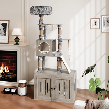 66.9-Inch Modern Cat Tree with Litter Box Enclosure – Multi-Layer Cat Tower with Storage Cabinet & Sisal Scratching Posts for Indoor Cats.