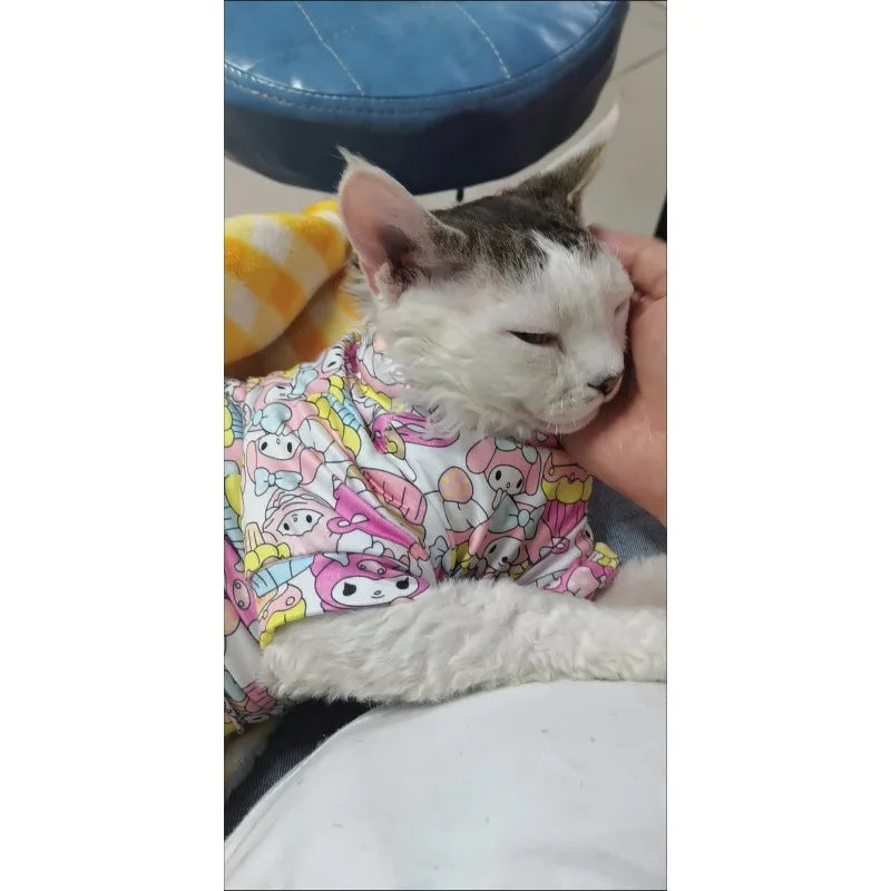 My Melody Pet Shirt – Breathable Cotton Four-Leg Summer T-Shirt for Sphynx & Hairless Cats, Cute Printed Cat Clothing.