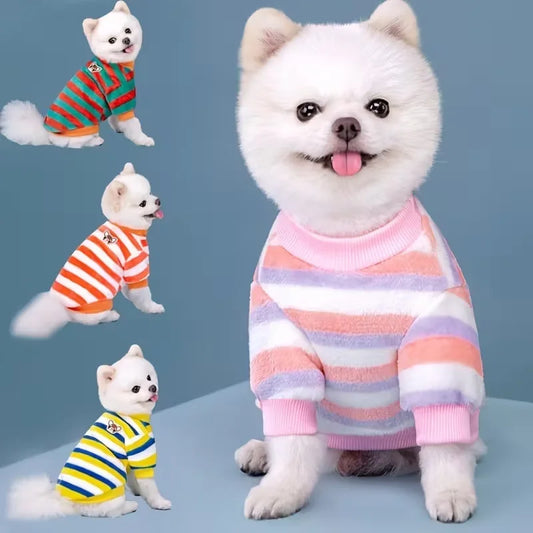 Winter Fleece Pet Coat – Striped Puppy Dog Jacket & Sweatshirt for Small and Medium Dogs, Cute Warm Pet Outfit.