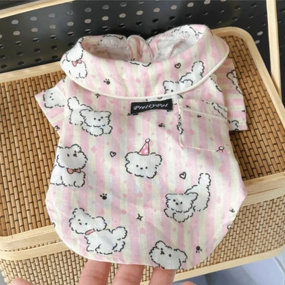 Cute Puppy Print Dog Sleepwear – Breathable Short Sleeve Home Clothes for Dogs & Cats, Soft Indoor Wear in Blue & Pink Options