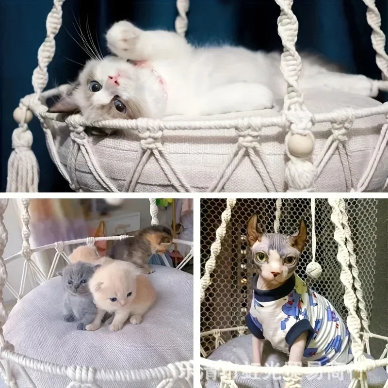 Extra Large Handwoven Cotton Rope Cat Hammock – Durable Heavy-Duty Hanging Bed for Up to 2 Cats, 40cm/15.75in, Fast 24-Hour Shipping.