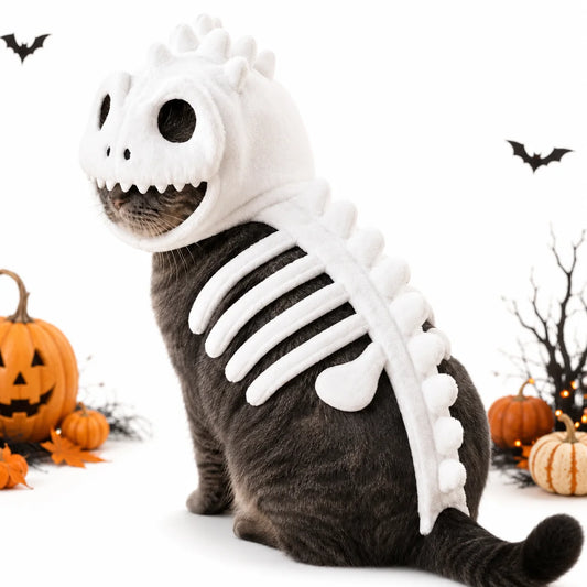 Glow-in-the-Dark Dinosaur Skeleton Pet Costume – Plush Hooded Halloween Cosplay Outfit for Cats & Small Dogs.