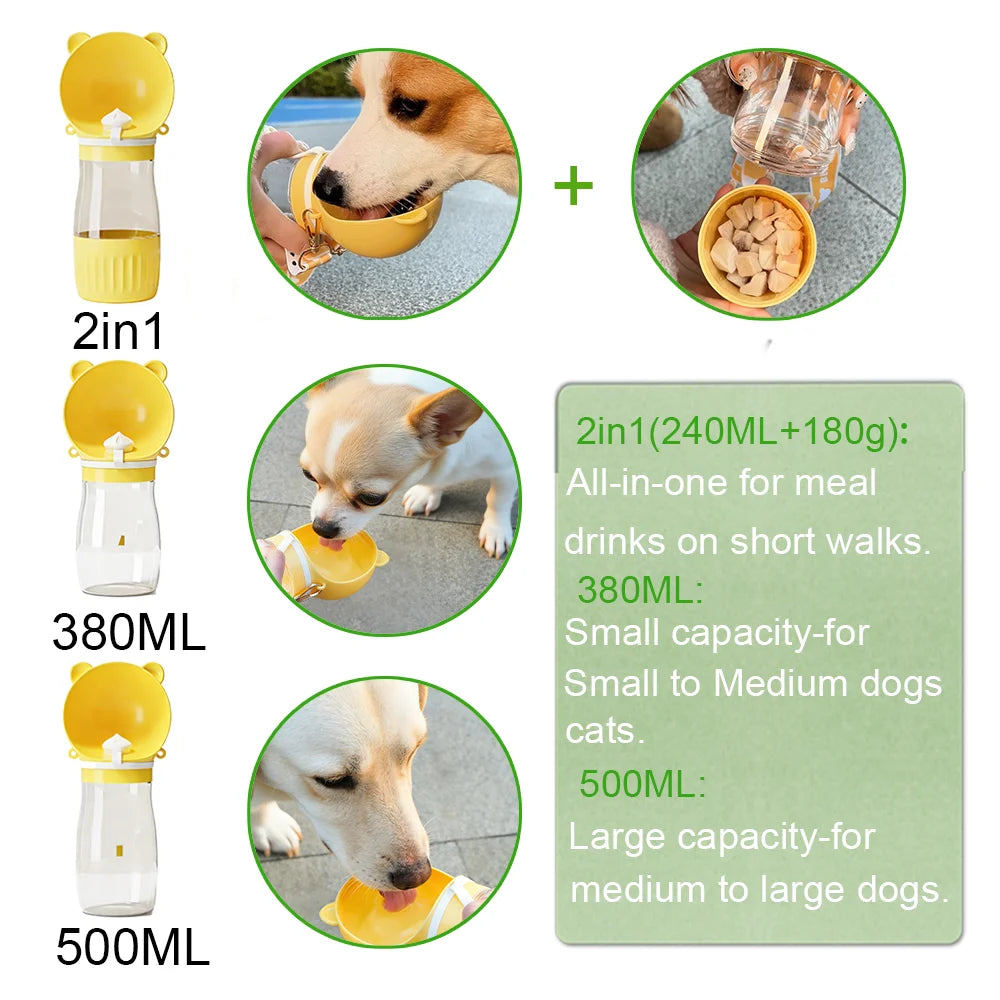 Portable Dog Water Bottle with Food Container – Leakproof Travel Feeder & Drinking Bowl for Dogs & Puppies, Outdoor Pet Supplies.