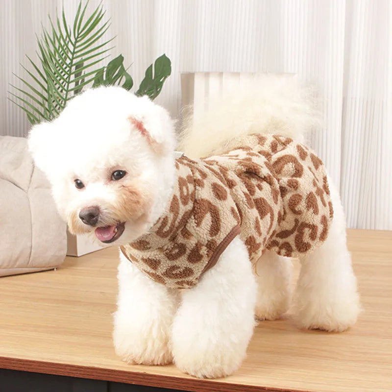 Leopard Dog Dress Coat – Winter Fleece Pullover Hoodie Vest for Small Dogs, Sleeveless Puppy Sweatshirt with Skirt Design.