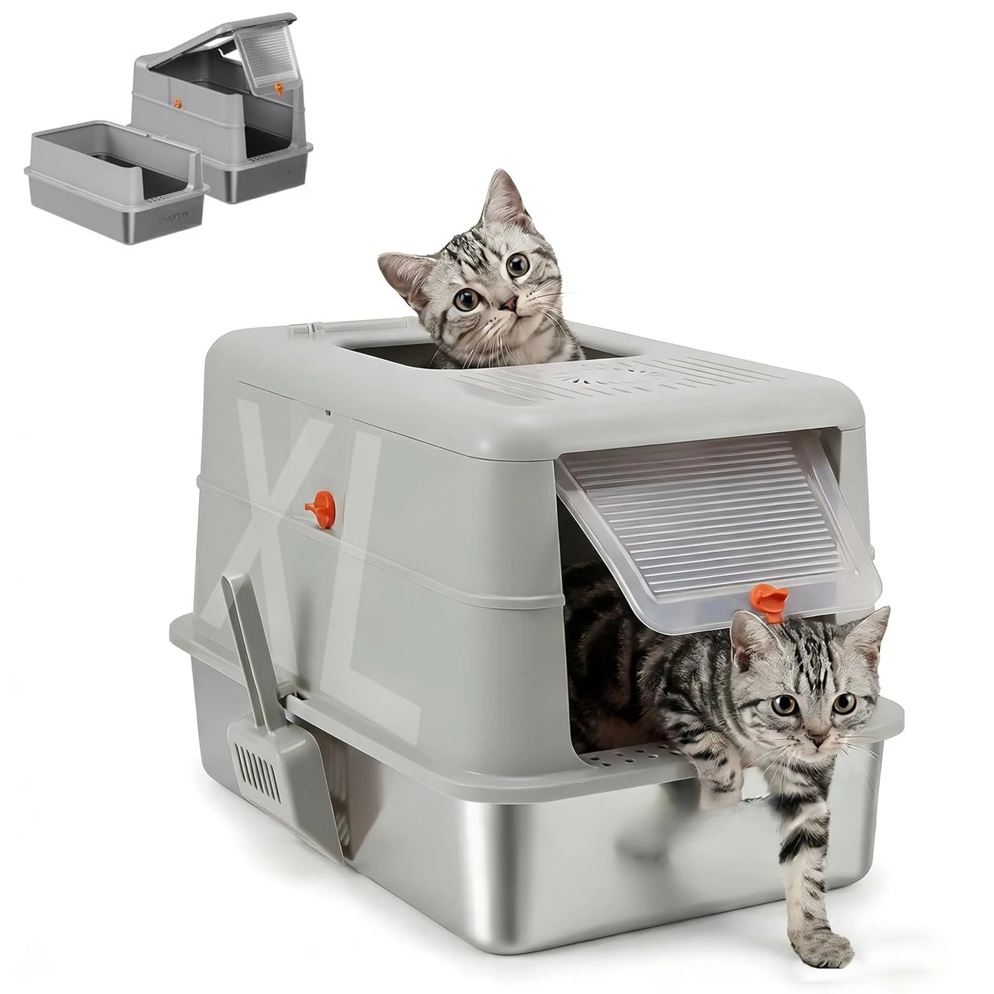 Extra Large Stainless Steel Cat Litter Box – Enclosed Odor-Control Metal Litter Box with Lid & 135° Flip-Top Covered Design.
