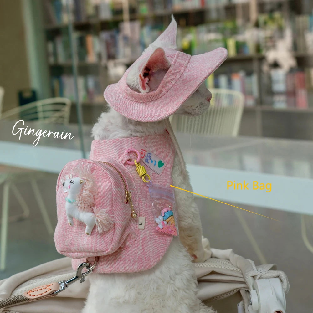 Handmade Luxury Cat Carrier Backpack – Cute Pink Travel Pet Bag with Snack Pouch & Harness Vest for Sphynx, Devon Rex & Other Cats.