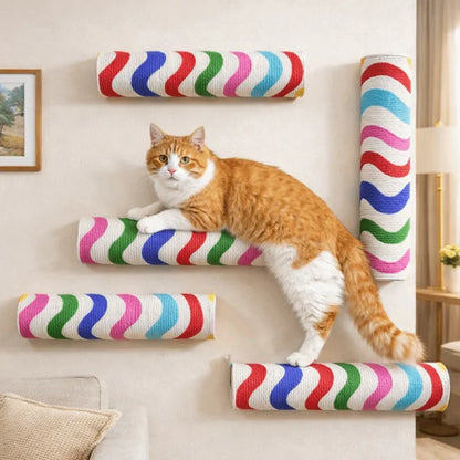 Self-Adhesive Cat Scratching Post – Wall-Mounted Space-Saving Scratch Board Cylinder, Wear-Resistant Cat Furniture for Indoor Use.
