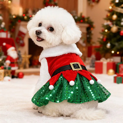 Christmas Dog Dress – Santa Print Holiday Gown with Green Sequin Skirt & Black Waist Belt for Yorkies, Chihuahuas & Small Dogs.