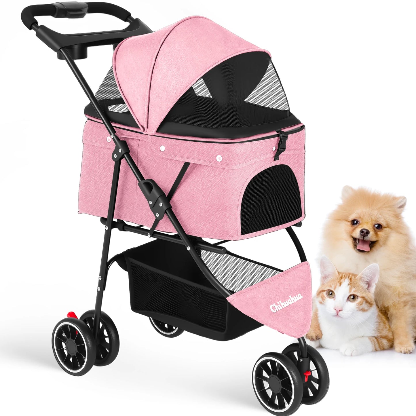 3-Wheel Pet Stroller – Foldable Travel Carrier with Breathable Mesh Canopy for Small & Medium Dogs & Cats, Ideal for Outdoor Travel.
