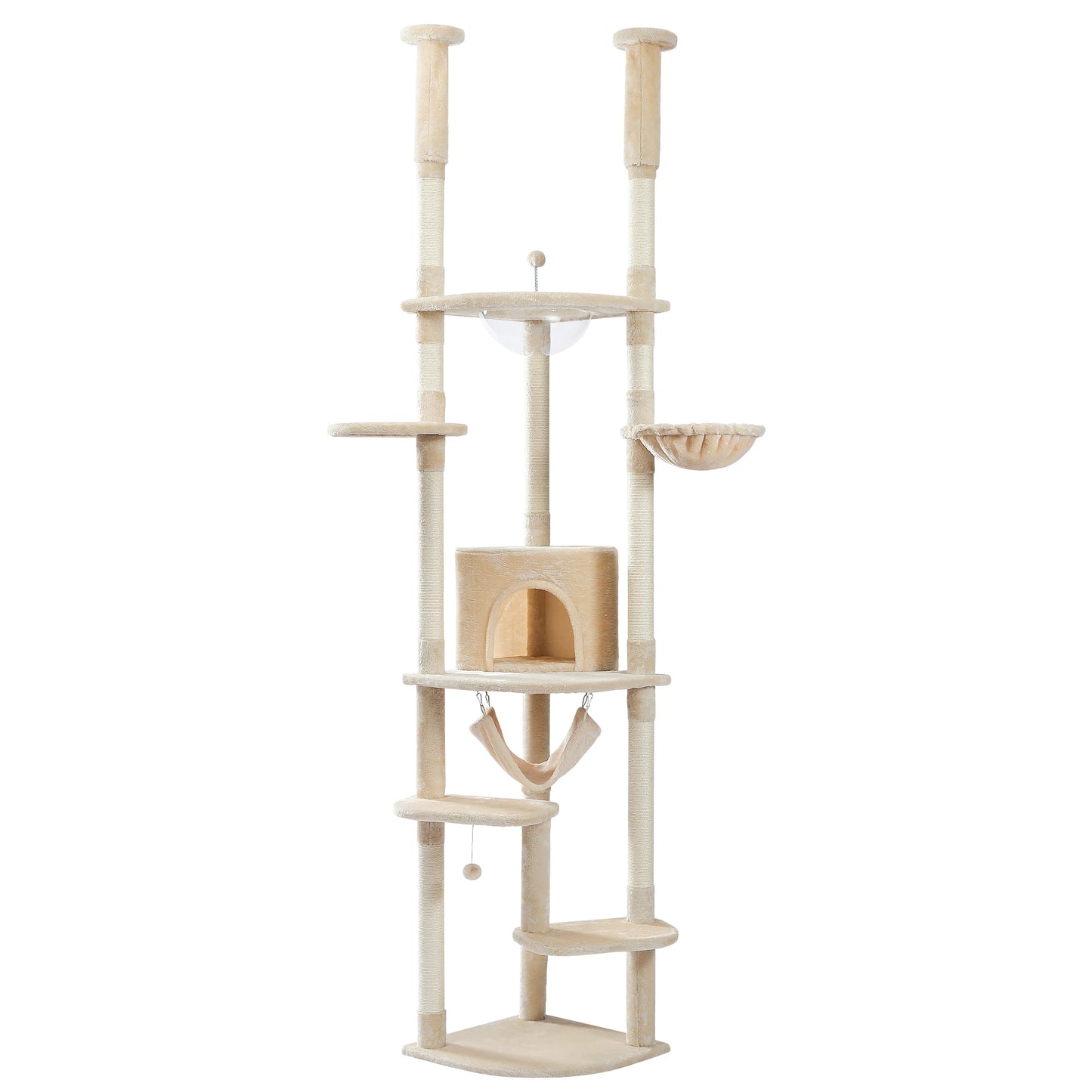 Adjustable Floor-to-Ceiling Cat Tree Tower (236–258cm) – Indoor Cat Condo with Natural Scratching Posts, Acrylic Perch, Hammock Beds & Cozy Cave.