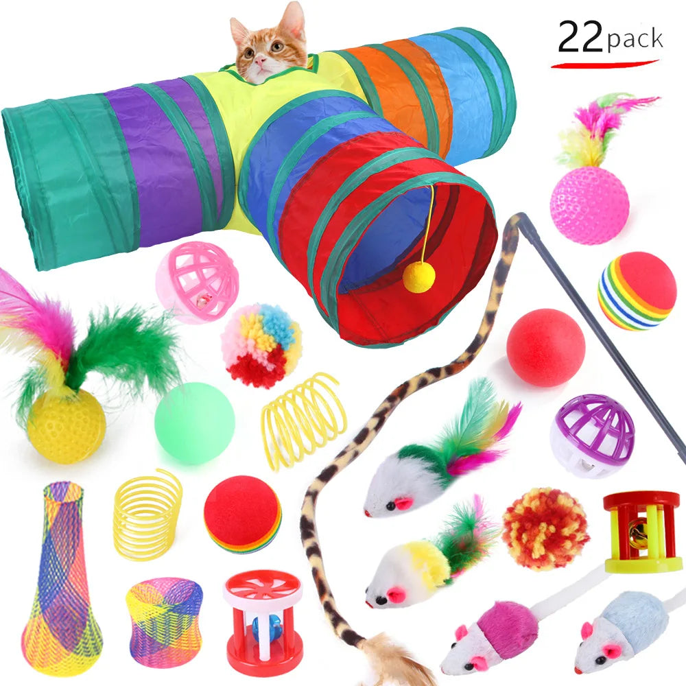 DualPet 20-Piece Cat Toy Set – Variety Pack with Teaser Wand, Sisal Mice, Bell Balls & Interactive Kitten Toys for Indoor Cats.
