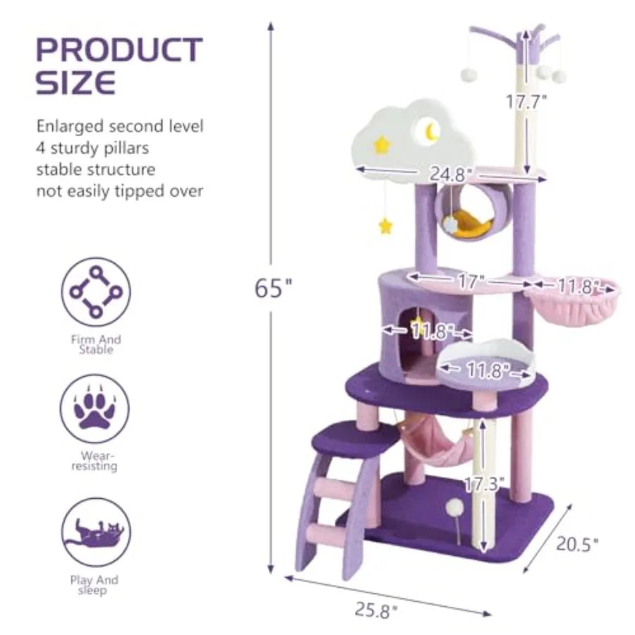 Cute 65-Inch Cat Tower – Large Pink & Purple Cloud-Themed Cat Tree Castle Condo Mansion for Indoor Cats.