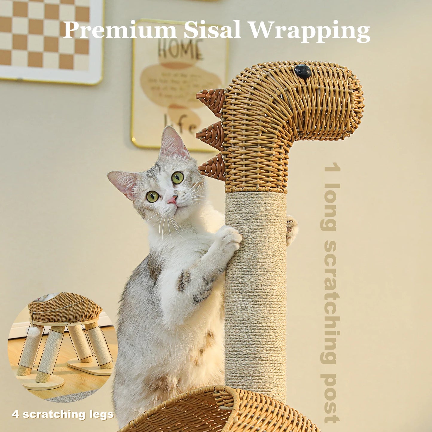 Dinosaur Cat Tree Tower – Large Indoor Cat Condo with Sisal Scratching Posts, Rattan Wicker Bed, Removable Mat & Interactive Cat Toys.