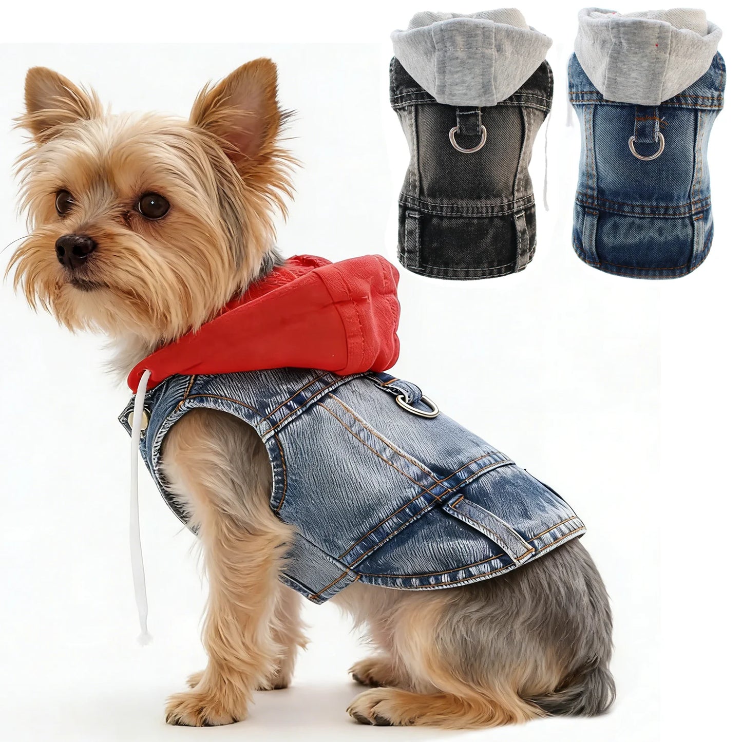 Cool Denim Dog Jacket Vest – Hoodie Style with D-Ring Harness for Small & Medium Dogs & Cats, Spring Walking Coat for Puppies.